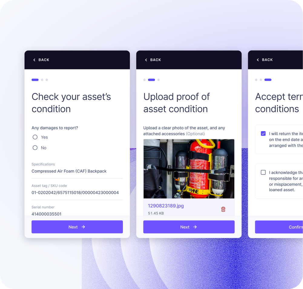 Check your asset's condition, Upload proof of asset condition, and Accept terms and conditions screens